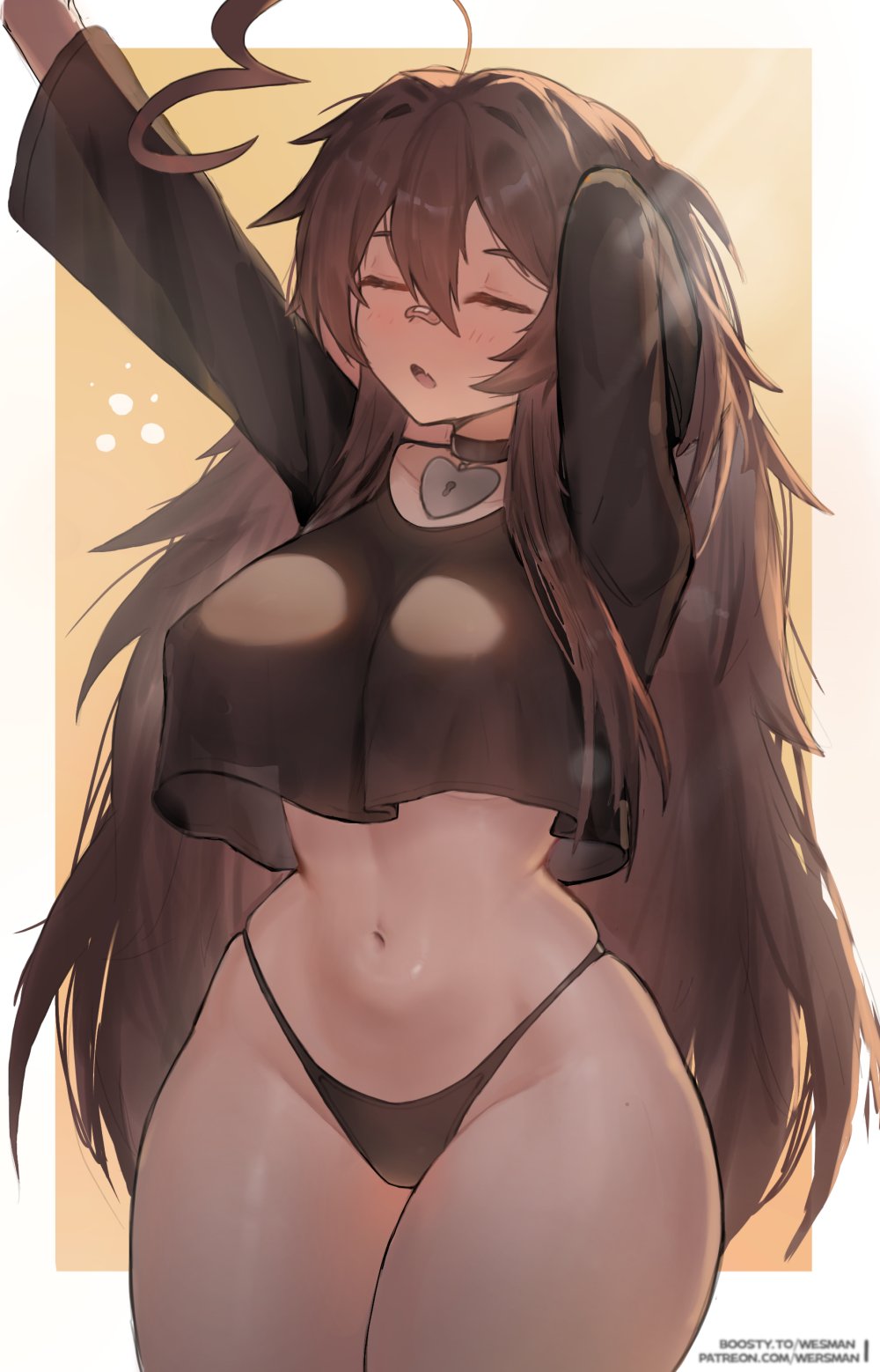 wersman, sky above me (vtuber), indie virtual youtuber, commentary, english commentary, highres, 1girl, :o, ahoge, arm behind head, arm up, bandaid, bandaid on face, bandaid on nose, black choker, black panties, black shirt, blurry, blush, bokeh, boosty username, border, breasts, brown hair, choker, closed eyes, closed mouth, collarbone, crop top, crop top overhang, cropped shirt, curvy, depth of field, double-parted bangs, fang, hair between eyes, hair intakes, heart, heart-shaped lock, heart ahoge, highleg, highleg panties, huge ahoge, large breasts, long hair, navel, orange background, panties, patreon username, see-through silhouette, shirt, skin fang, skindentation, solo, stomach, thick thighs, thighs, underwear, very long hair, virtual youtuber, white border