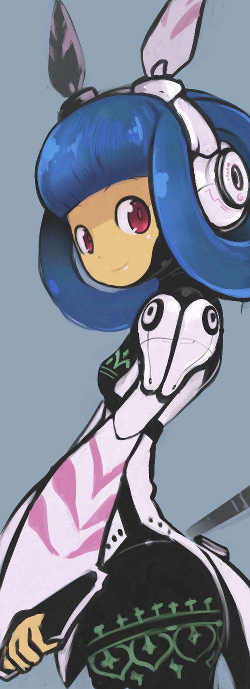 okera, vivienne (phantasy star), alfa system, phantasy star, phantasy star portable, phantasy star universe, sega, highres, 1girl, android, blue hair, blunt bangs, female focus, grey background, hair rings, hairband, light smile, long sleeves, looking at viewer, profile, red eyes, robot ears, simple background, sketch, smile, solo, standing, wide sleeves