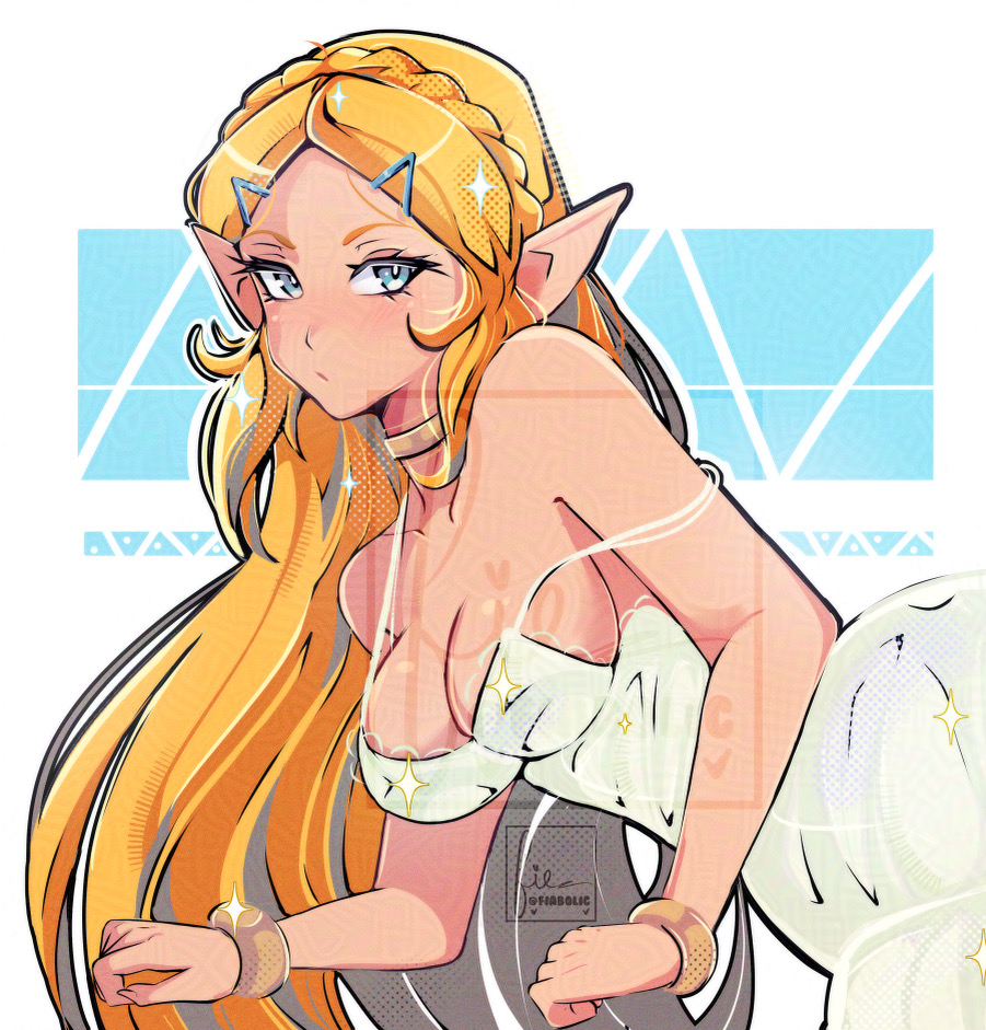 cresscin, princess zelda, nintendo, the legend of zelda, the legend of zelda: breath of the wild, commentary, english commentary, 1girl, alternate costume, bangle, bare shoulders, blonde hair, blue eyes, bracelet, braid, breasts, cleavage, collarbone, crown braid, dress, frown, gold choker, hair ornament, hairclip, jewelry, long hair, medium breasts, parted bangs, pointy ears, sideboob, sidelocks, solo, spaghetti strap, strap slip, upper body, watermark, white background, white dress