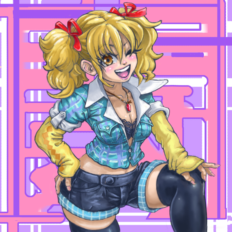 pipipi, izumi nana, toushou daimos, 1970s (style), 1girl, blonde hair, blush, bra, brown eyes, female focus, fingernails, hair ribbon, jewelry, lingerie, nail (hardware), necklace, oldschool, one eye closed, open clothes, open shirt, retro artstyle, ribbon, shirt, shorts, smile, solo, thighhighs, underwear, wink