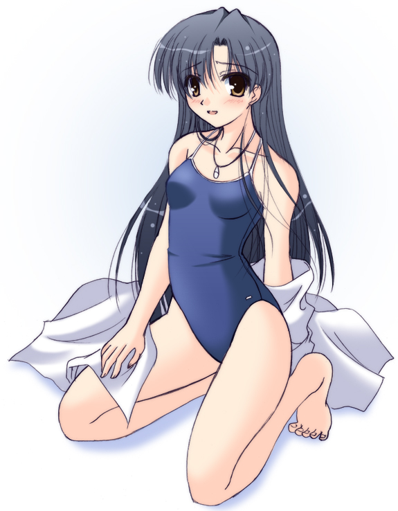 non-web source, 1girl, barefoot, black hair, brown eyes, female focus, jewelry, kneeling, long hair, necklace, one-piece swimsuit, school swimsuit, solo, swimsuit, towel