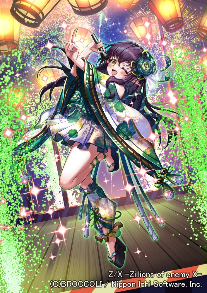 mikaxruno, z/x, official art, 1girl, aqua nails, bare shoulders, black hair, copyright notice, dutch angle, floral print, floral print kimono, holding, holding microphone, japanese clothes, kimono, light particles, long hair, microphone, one eye closed, open mouth, pecteilis, pointing, pointy ears, print kimono, sandals, smile, solo, sparkle, standing, standing on one leg, yellow eyes, zouri
