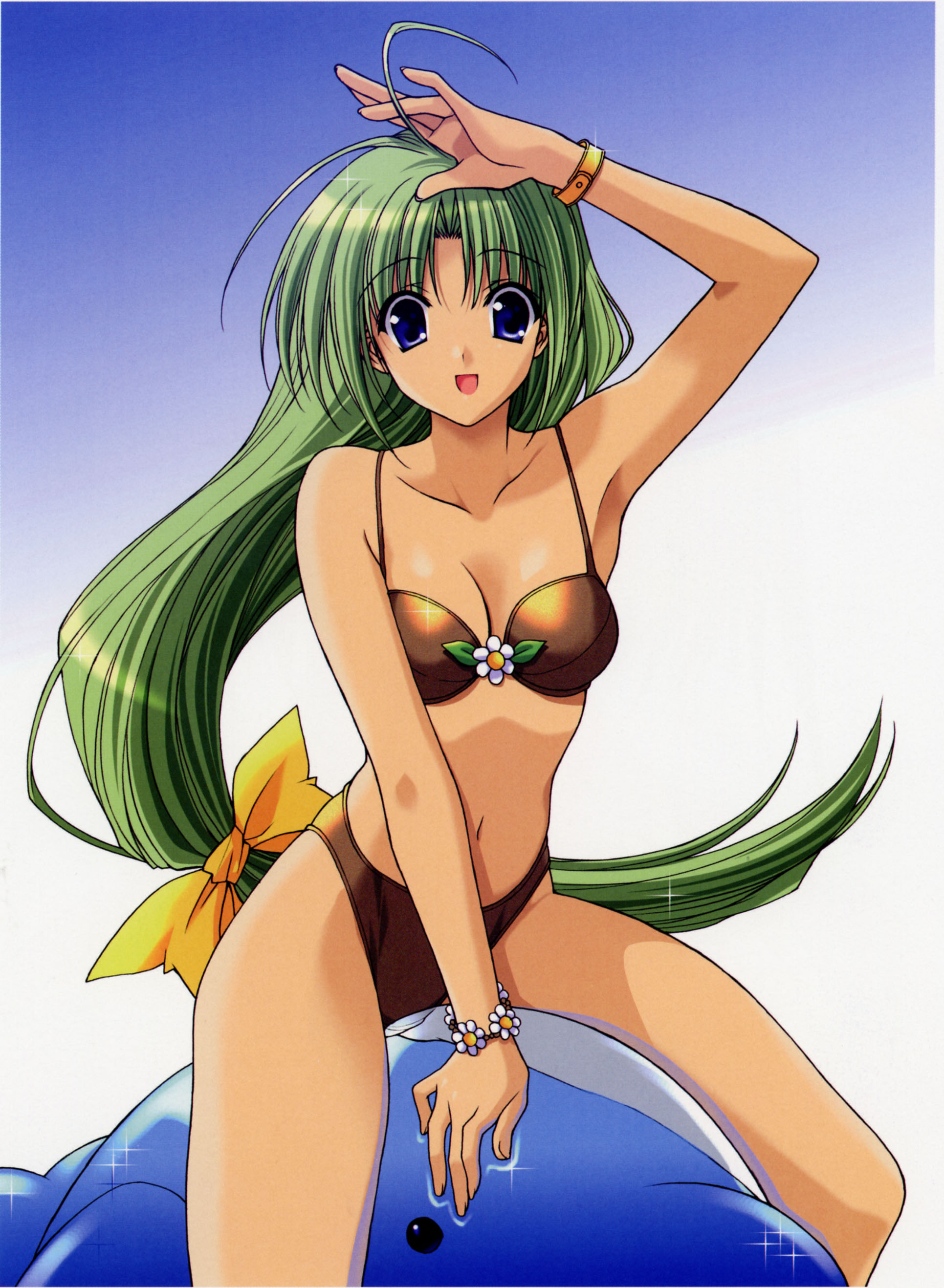 suzuhira hiro, absurdres, highres, bikini, blue eyes, bracelet, dark-skinned female, dark skin, dolphin, green hair, inflatable raft, jewelry, long hair, swimsuit