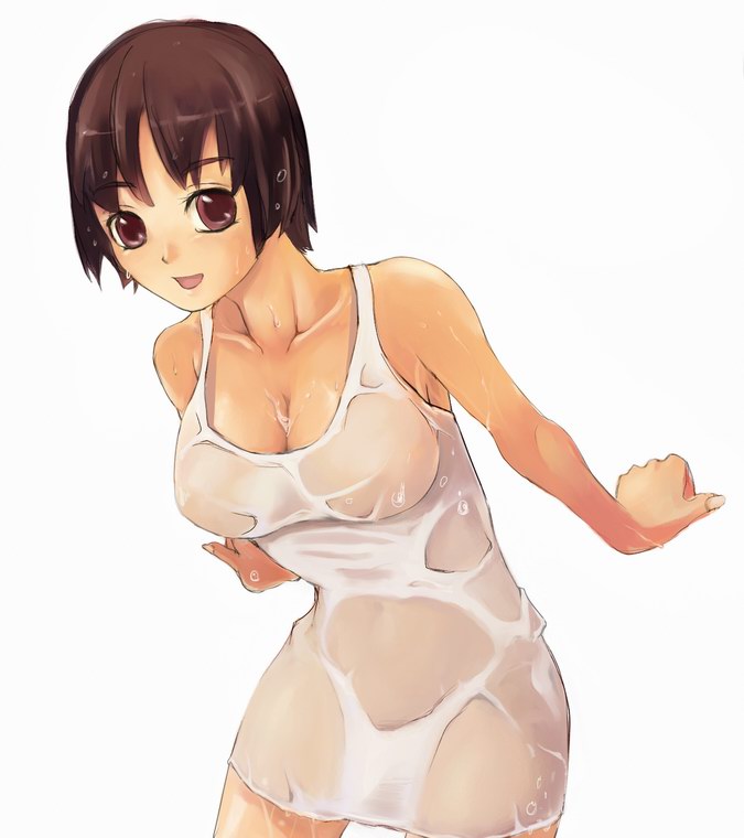 suoni (deeperocean), bad id, bad pixiv id, 1girl, bare shoulders, breasts, brown eyes, brown hair, cleavage, female focus, large breasts, see-through clothes, shirt, short hair, smile, solo, wet, wet clothes, wet shirt