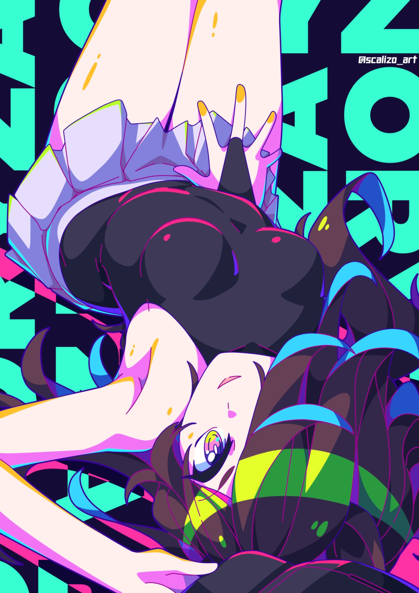 scalizo, rice shower (boc'z) (umamusume), rice shower (umamusume), umamusume, commentary, highres, 1girl, animal ears, black hat, black shirt, boc'z (umamusume), breasts, brown hair, feet out of frame, flipped hair, hair over one eye, hat, holding, holding unworn clothes, holding unworn hat, horse ears, horse girl, impossible clothes, long hair, looking at viewer, lying, miniskirt, on back, parted lips, shirt, single sleeve, skirt, small breasts, smile, solo, twitter username, unworn hat, unworn headwear, white skirt, yellow nails