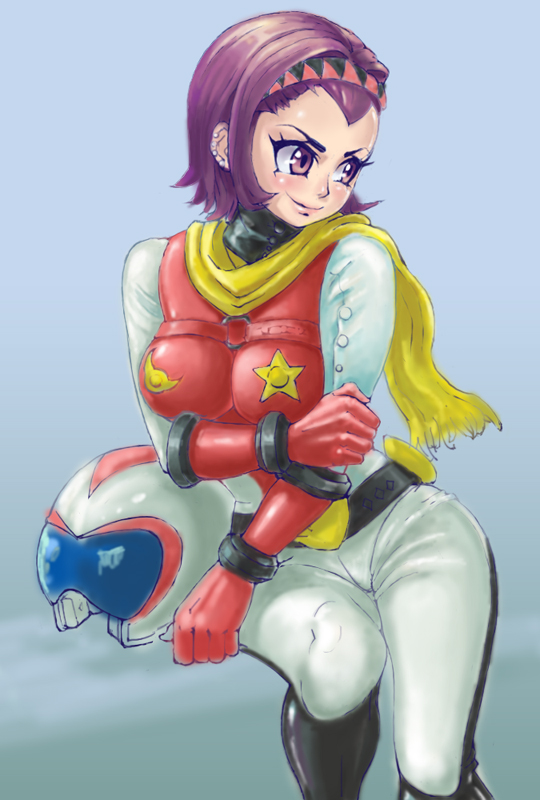 pipipi, saotome michiru, getter robo, getter robo (classic), toei company, pilot suit, bad id, bad pixiv id, belt, bodysuit, earrings, gloves, hairband, headband, helmet, jewelry, purple eyes, purple hair, retro artstyle, scarf, short hair, smile, solo