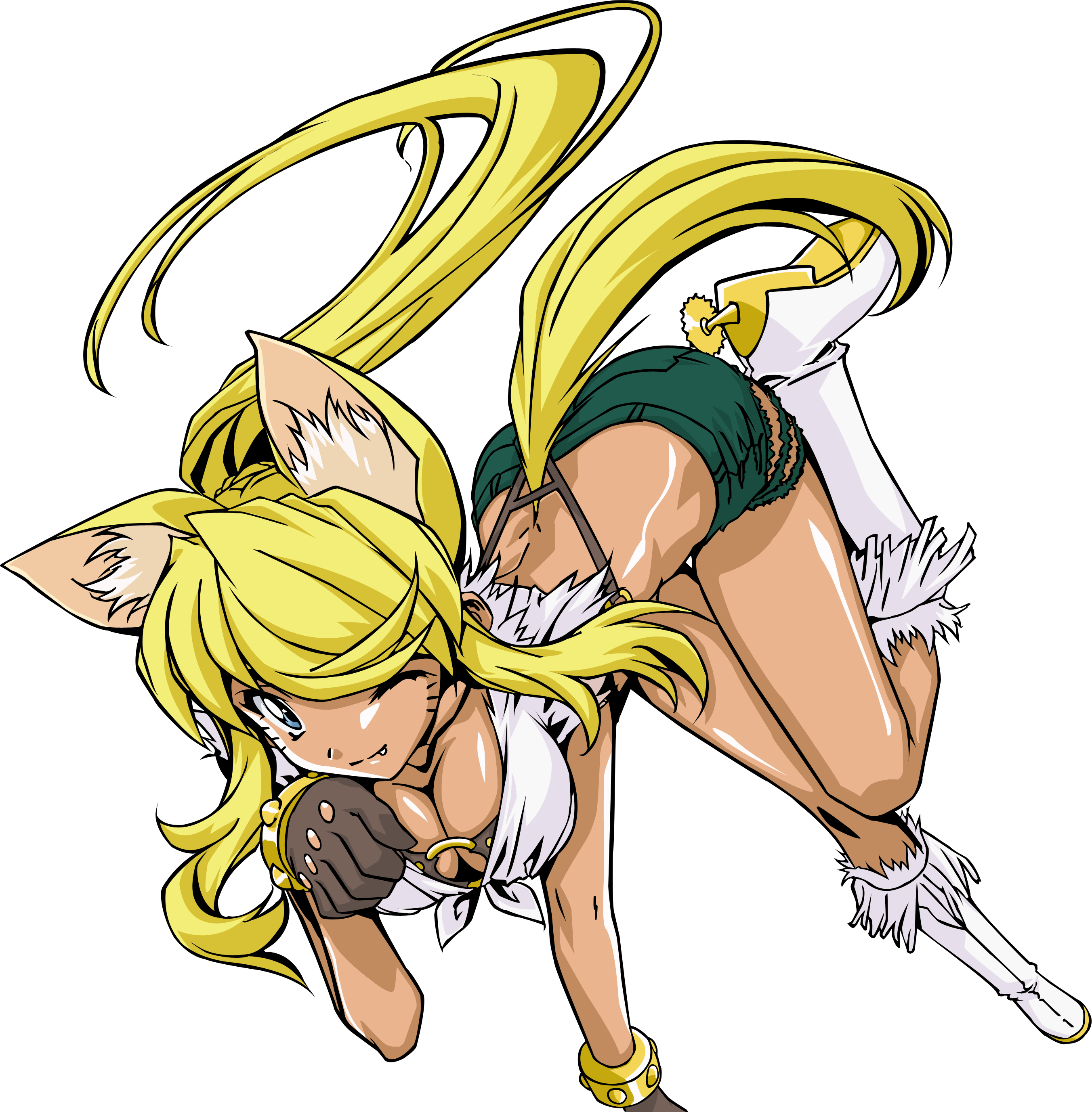 liru, renkin san-kyuu magical pokaan, absurdres, derivative work, highres, vector trace, 1girl, animal ears, belt bra, blonde hair, boots, breasts, cowboy boots, dark-skinned female, dark skin, extra ears, female focus, full body, large breasts, one eye closed, solo, tail, transparent background, wink, wolf ears, wolf tail