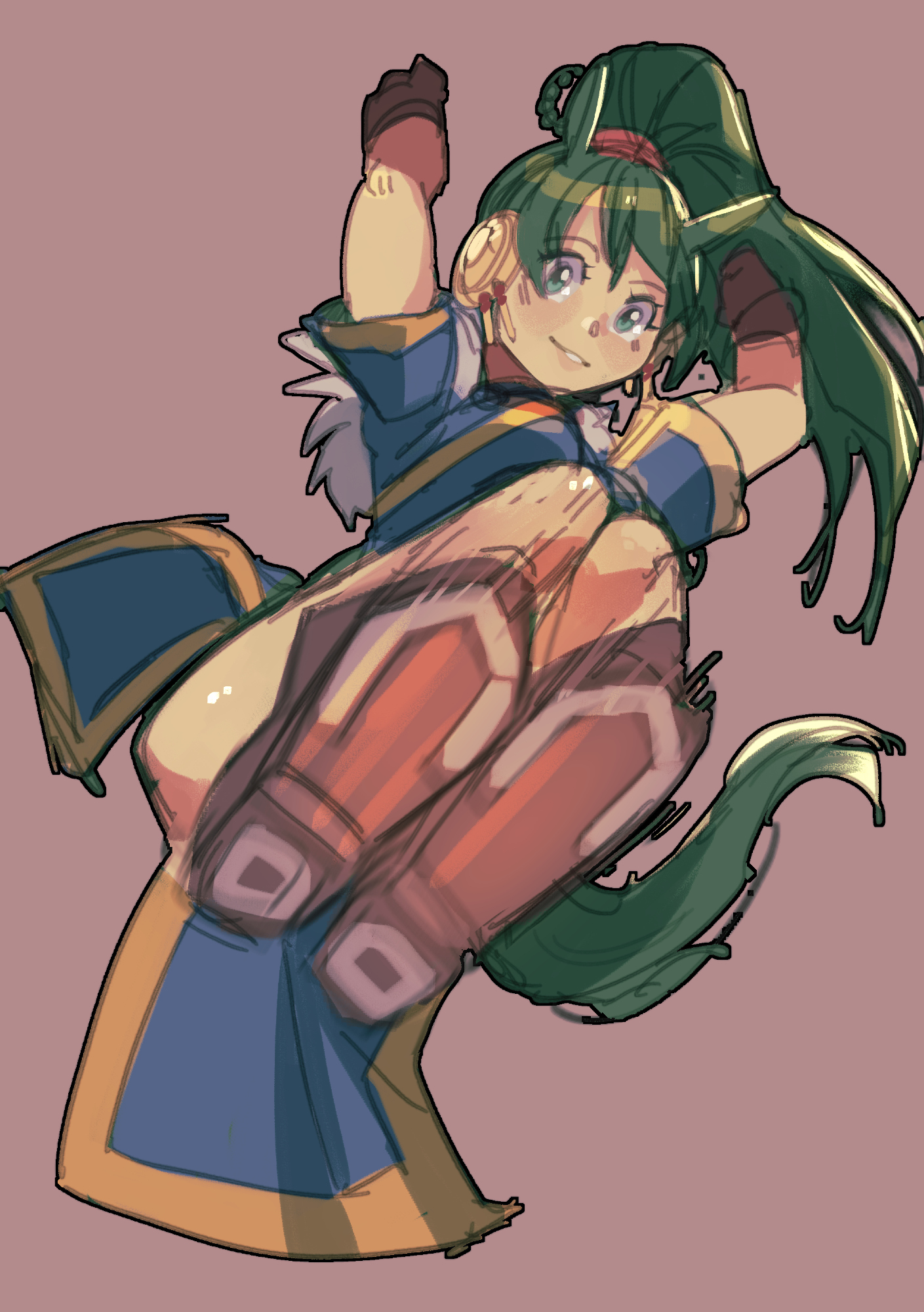 charmwitch, lyn (fire emblem), fire emblem, nintendo, umamusume, highres, 1girl, animal ears, blue dress, brown background, dress, drop kick, fire emblem shadows, flying kick, green eyes, green hair, horse ears, incoming kick, kicking, long hair, looking at viewer, ponytail, short sleeves, simple background, sketch, smile, solo, very long hair