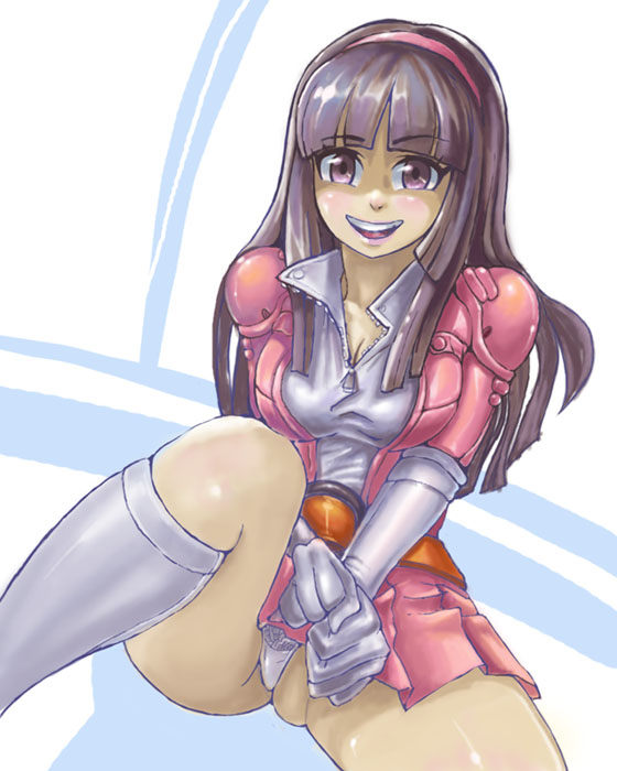 pipipi, yumi sayaka, mazinger (series), mazinger z, toei company, belt, brown hair, gloves, grin, hairband, headband, panties, pantyshot, purple eyes, skirt, smile, solo, teeth, underwear, white panties