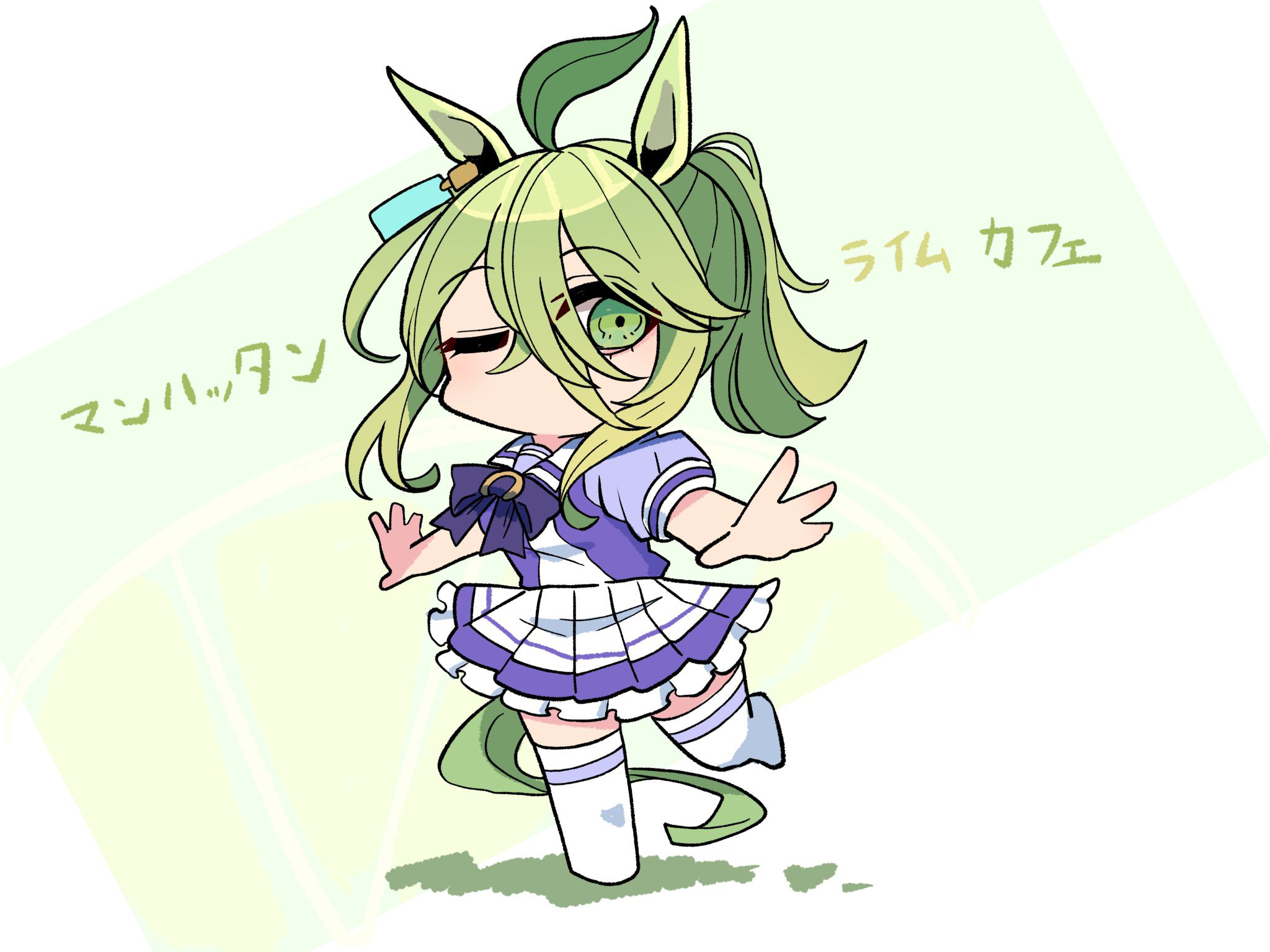kawamochi (tddm3573), manhattan cafe (umamusume), umamusume, highres, translation request, 1girl, ahoge, alternate eye color, alternate hair color, alternate hairstyle, animal ears, bow, breasts, chibi, full body, green eyes, green hair, hair between eyes, horse ears, horse girl, horse tail, medium breasts, no shoes, pleated skirt, ponytail, puffy short sleeves, puffy sleeves, purple bow, purple shirt, school uniform, shirt, short sleeves, skirt, solo, standing, standing on one leg, tail, thighhighs, tracen school uniform, white skirt, white thighhighs