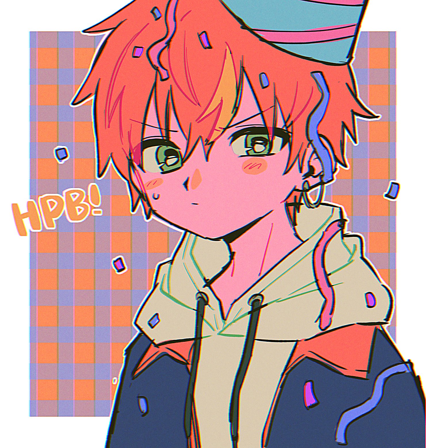menma (enaic31), shinonome akito, project sekai, hashtag-only commentary, highres, 1boy, black jacket, blonde hair, blue hat, border, chromatic aberration, closed mouth, confetti, cross, cross earrings, double-parted bangs, drawstring, earrings, faux retro artstyle, film grain, green eyes, grey background, hair between eyes, happy birthday, hat, hood, hood down, hoodie, jacket, jewelry, looking at viewer, male focus, multicolored hair, open clothes, open jacket, orange background, orange hair, outline, outside border, party hat, pink hat, plaid background, short hair, simple background, solo, streaked hair, striped hat, sweatdrop, two-tone background, two-tone hair, two-tone hat, upper body, v-shaped eyebrows, white border, white hoodie, white outline