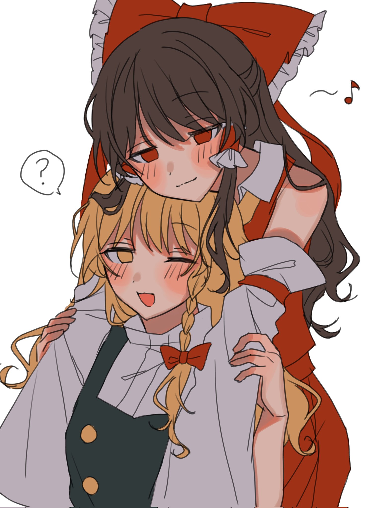 amatukimahoro, hakurei reimu, kirisame marisa, touhou, highres, 2girls, ?, bare shoulders, blonde hair, blush, brown hair, closed mouth, detached sleeves, eighth note, hug, hug from behind, long hair, multiple girls, musical note, one eye closed, open mouth, red eyes, red shirt, red skirt, shirt, simple background, skirt, sleeveless, sleeveless shirt, smile, spoken question mark, white background, white shirt, yellow eyes, yuri