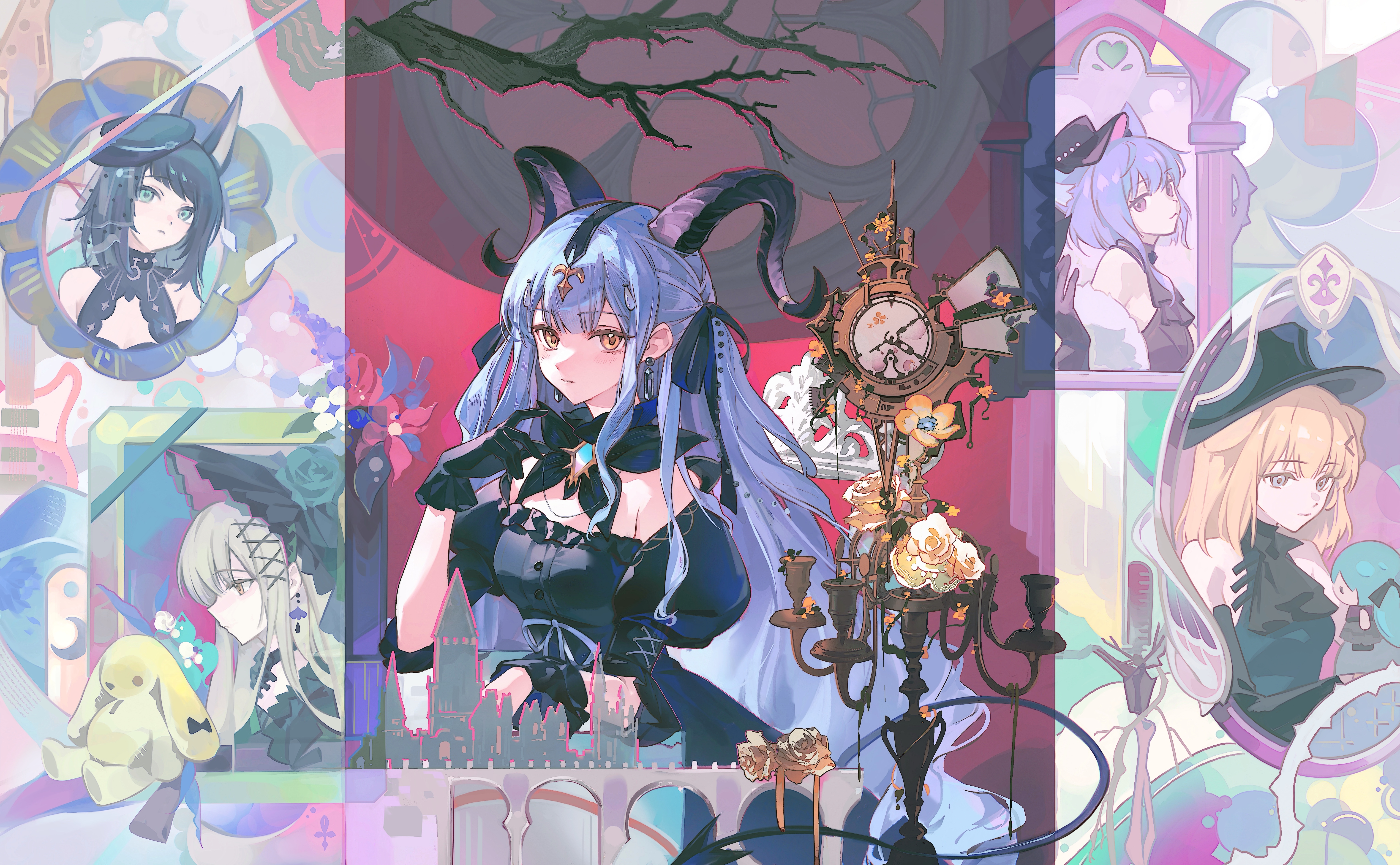 shaokao lajitong, misumi uika, misumi uika (caged singer), togawa sakiko, togawa sakiko (master of melodia), wakaba mutsumi, wakaba mutsumi (marionette's id), yahata umiri, yahata umiri (moonlight executioner), yuutenji nyamu, yuutenji nyamu (magician of passion), arknights, ave mujica (bang dream!), bang dream!, bang dream! it's mygo!!!!!, absurdres, chinese commentary, commentary request, highres, 5girls, animal ears, black bonnet, black dress, black gloves, black hair, black hat, blonde hair, blue hair, bonnet, branch, candlestand, clock, curled horns, dress, earrings, gloves, green hair, hat, horns, jewelry, multiple girls, stuffed animal, stuffed toy, yellow eyes