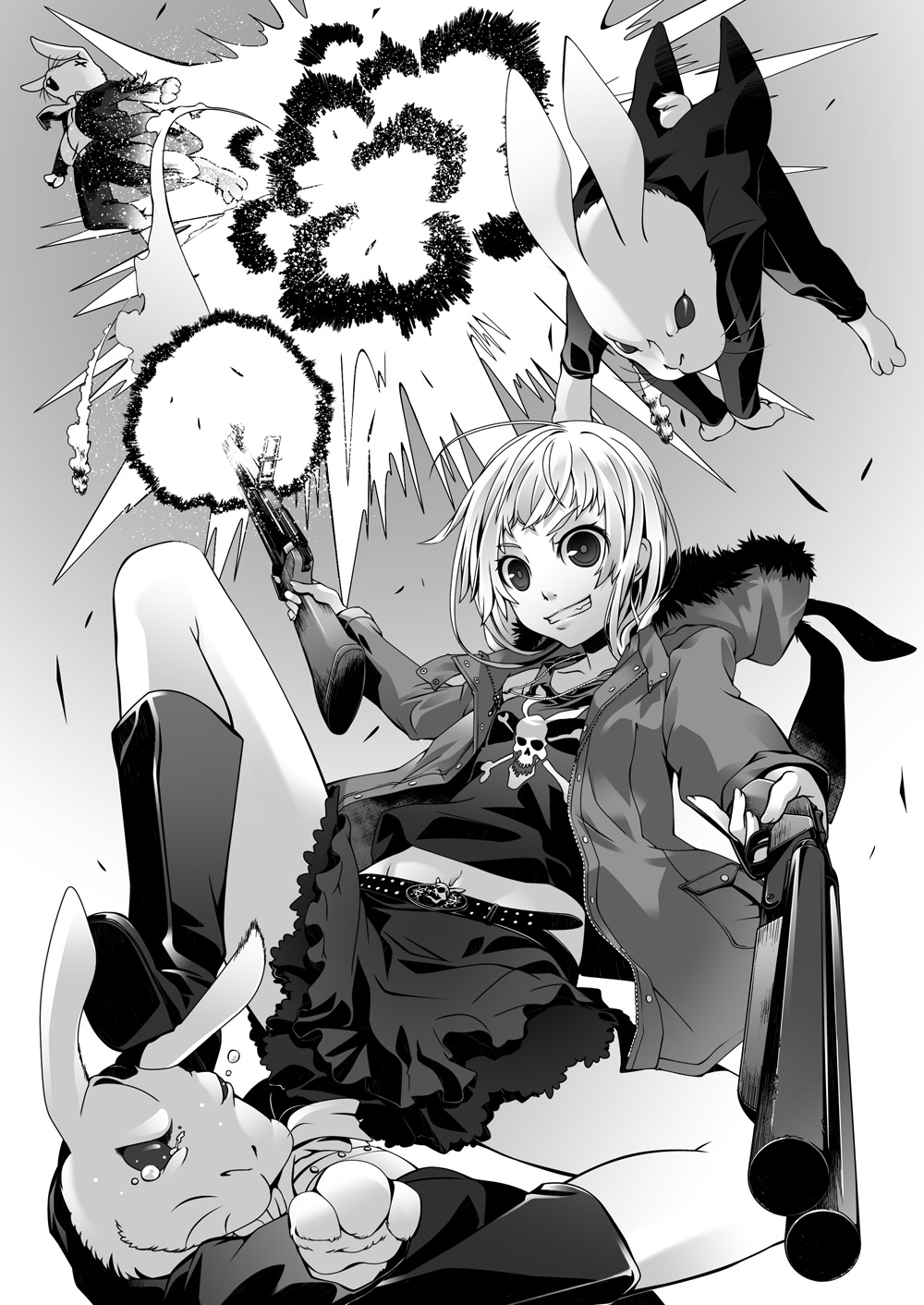 hamada youho, bad id, bad pixiv id, highres, 1girl, boots, double-barreled shotgun, dual wielding, explosion, grenade launcher, greyscale, gun, hands on own hips, holding, kicking, monochrome, multiple-barrel gun, rabbit, sawed-off shotgun, short hair, shotgun, side-by-side-barreled shotgun, skirt, weapon, x x