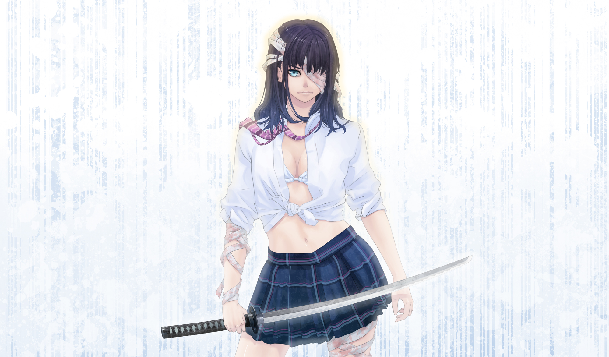 hamada youho, bad id, bad pixiv id, highres, bandages, black hair, blue eyes, katana, long hair, skirt, solo, sword, weapon