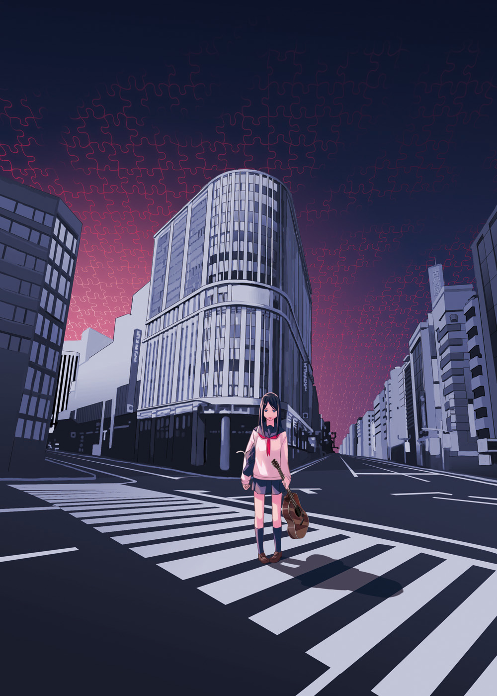 hamada youho, original, bad id, bad pixiv id, highres, 1girl, acoustic guitar, black hair, blue eyes, building, female focus, guitar, instrument, legs, long hair, puzzle, road, school uniform, serafuku, solo, street, surreal, vanishing point