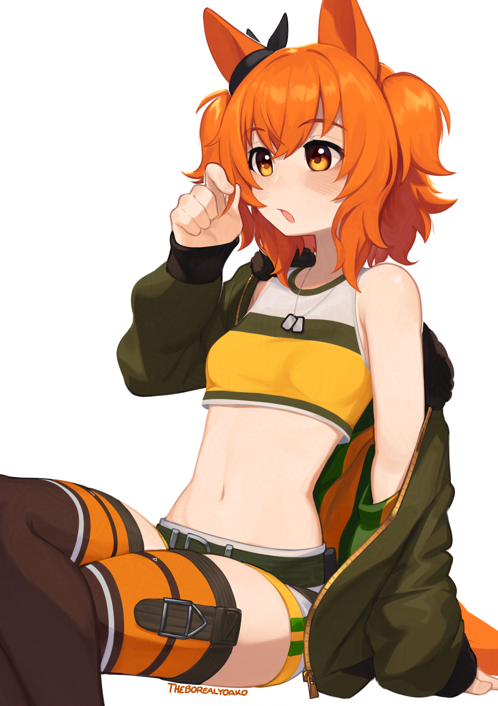 yoako, mayano top gun (scramble zone) (umamusume), mayano top gun (umamusume), umamusume, commentary, english commentary, highres, 1girl, alternate hair length, alternate hairstyle, animal ears, belt, blush, bomber jacket, bow, breasts, brown ribbon, crop top, crossed legs, dog tags, ear bow, ear ribbon, green belt, green jacket, hair between eyes, horse ears, horse girl, horse tail, jacket, long hair, long sleeves, midriff, navel, open clothes, open jacket, open mouth, orange eyes, orange hair, orange tail, ribbon, shirt, shorts, simple background, single bare shoulder, sitting, small breasts, solo, stomach, tail, thighhighs, two side up, white background, white shorts, yellow shirt