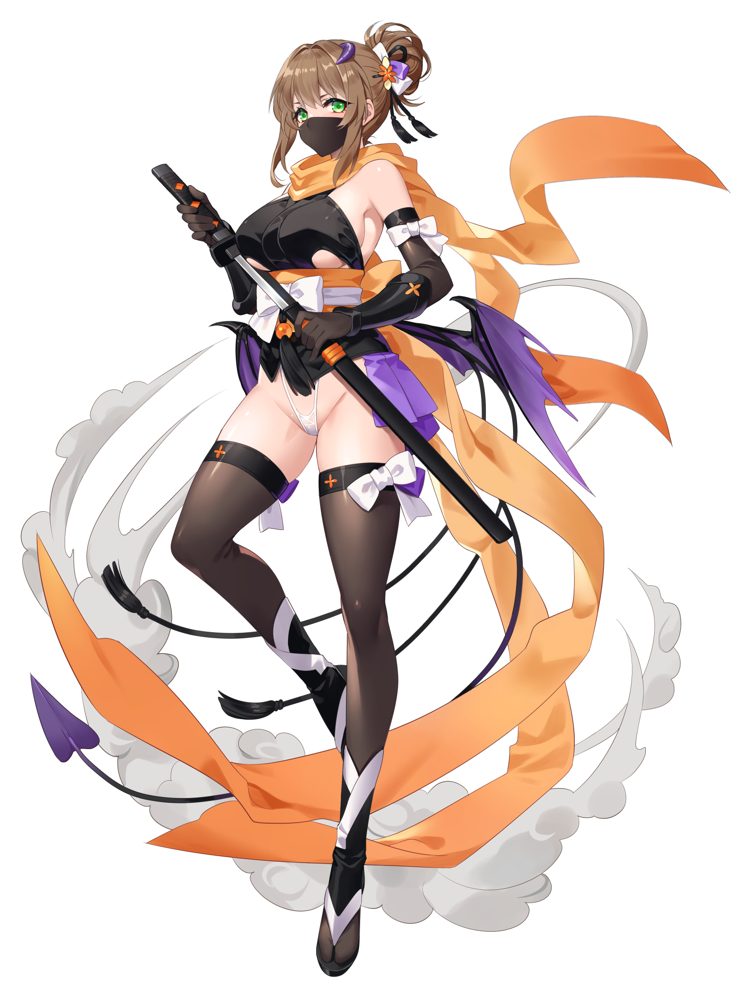 ena (tommy walker), chain paradox, highres, 1girl, black gloves, black thighhighs, bow, breasts, brown hair, gloves, green eyes, hair bow, holding, holding sword, holding weapon, killerich maruto, large breasts, mask, mouth mask, ninja mask, orange scarf, scarf, sheath, solo, standing, sword, thighhighs, transparent background, unsheathing, weapon, white bow