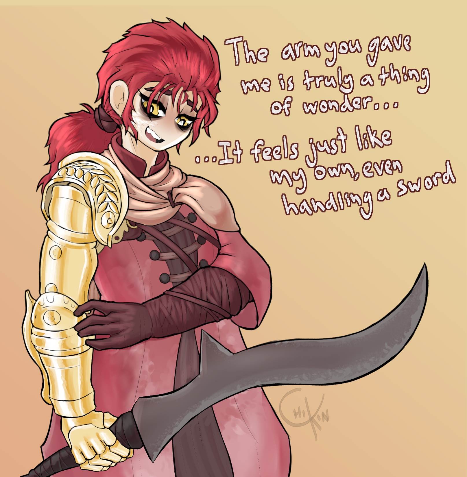 millicent (elden ring), elden ring, fromsoftware, highres, 1girl, amputee, aryf, hair between eyes, holding, holding sword, holding weapon, open mouth, ponytail, prosthesis, prosthetic arm, red hair, simple background, smile, solo, solo focus, sword, weapon, yellow background, yellow eyes