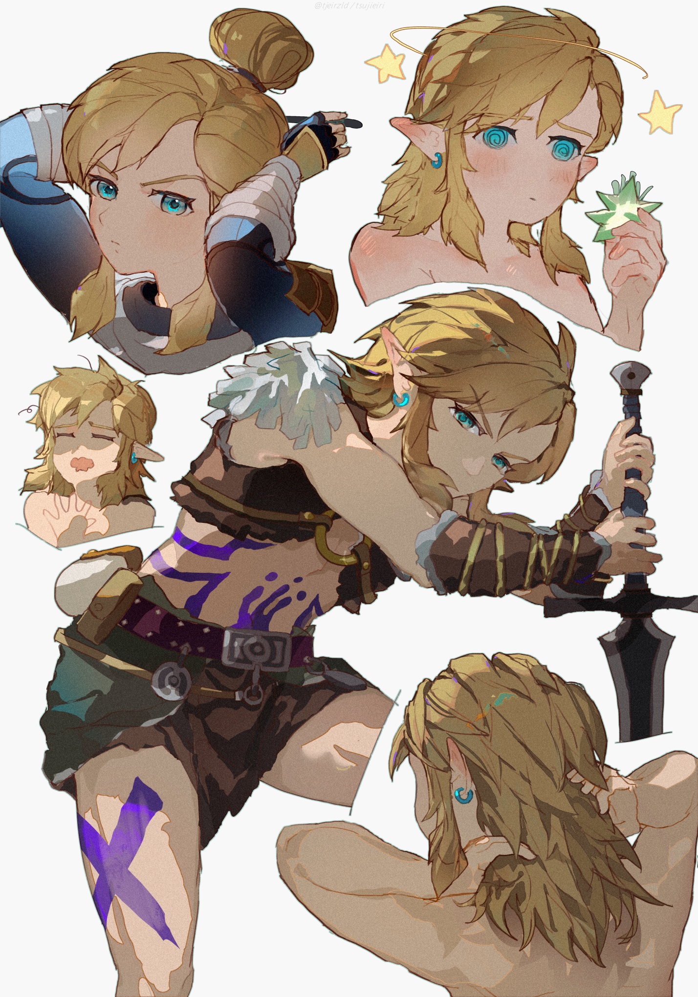 tsujieiri, link, nintendo, the legend of zelda, the legend of zelda: tears of the kingdom, highres, 1boy, @ @, aqua eyes, bandaged arm, bandages, barbarian set (zelda), blonde hair, blush, body markings, closed eyes, cowboy shot, cropped vest, dizzy, earrings, furrowed brow, hair between eyes, hair bun, hand in own hair, holding, holding sword, holding weapon, jewelry, leather, leather vest, long hair, male focus, multiple views, official alternate costume, pointy ears, sidelocks, solo, stealth set (zelda), sword, upper body, vest, wavy mouth, weapon, white background