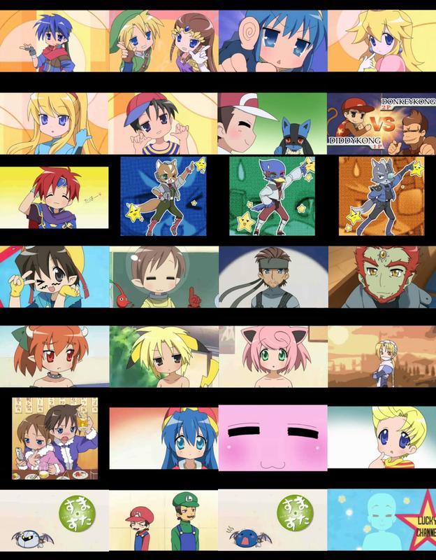 bowser, captain olimar, diddy kong, donkey kong, falco lombardi, fox mccloud, ganondorf, ice climbers, ike (fire emblem), jigglypuff, king dedede, kirby, link, lucario, lucas (mother 3), luigi, mario, marth (fire emblem), meta knight, nana (ice climber), ness (mother 2), olimar, pikachu, popo (ice climber), princess peach, princess zelda, roy (fire emblem), samus aran, sheik, solid snake, tabuu, wario, wolf o'donnell, donkey kong (series), donkey kong country, fire emblem, ice climber, kirby (series), lucky star, mario (series), metal gear (series), metal gear solid, metroid, mother (series), mother 2, mother 3, nintendo, pikmin (series), pokemon, star fox, super mario bros. 1, super smash bros., the legend of zelda, warioware, 6+boys, 6+girls, child, gen 1 pokemon, gen 4 pokemon, monkey, multiple boys, multiple girls, parody, pokemon (creature), star (symbol), style parody