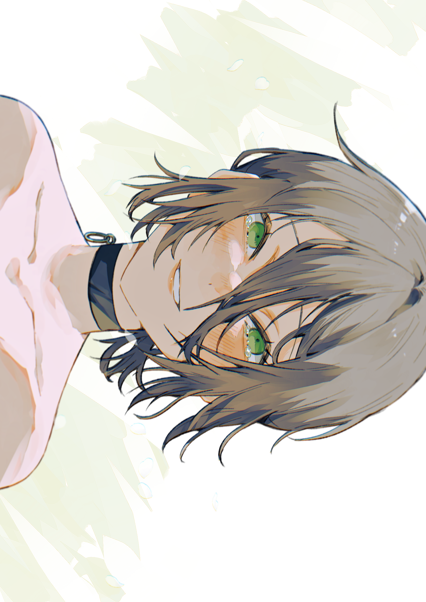 reze (chainsaw man), chainsaw man, highres, 1girl, ariariarinao526, black choker, black hair, choker, green eyes, grenade pin, hair between eyes, light blush, looking at viewer, sideways, solo, tearing up