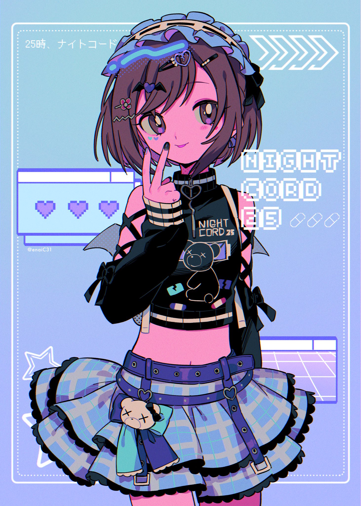 menma (enaic31), shinonome ena, project sekai, hashtag-only commentary, highres, 1girl, aqua background, aqua bow, arm behind back, arrow (symbol), bare shoulders, belt, black jacket, black nails, blue background, blue skirt, bob cut, bow, bow skirt, brown eyes, brown hair, chromatic aberration, closed mouth, clothing cutout, cowboy shot, crop top, cropped jacket, cross-laced clothes, cross-laced sleeves, facial mark, film grain, frilled hairband, frilled skirt, frills, gradient background, hair ornament, hairband, halftone, hand up, heart, heart facial mark, heart hair ornament, inset border, inward v, jacket, layered skirt, long sleeves, looking at viewer, midriff, miniskirt, multicolored nails, nail polish, negai wa itsuka asa wo koete (project sekai), official alternate costume, plaid clothes, plaid skirt, puffy long sleeves, puffy sleeves, purple belt, purple nails, short hair, shoulder cutout, simple background, skirt, sleeves past wrists, smile, solo, standing, star (symbol), star symbol background, swept bangs, tongue, tongue out, turtleneck, turtleneck jacket, v, white hairband, window (computing), zipper
