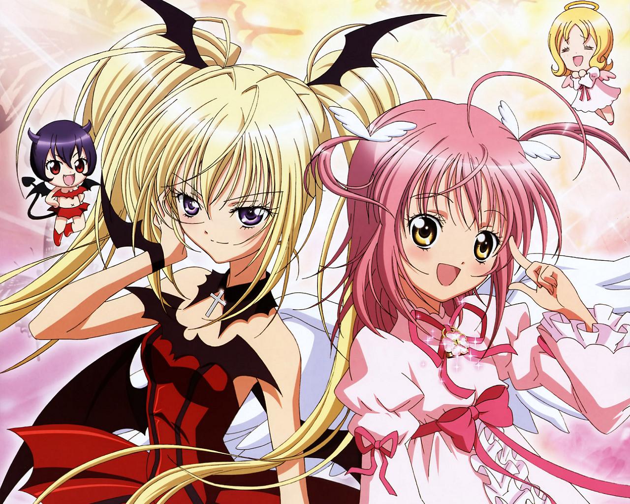 mishima rika, amulet angel, el (shugo chara!), hinamori amu, hoshina utau, il (shugo chara!), lunatic charm, shugo chara!, official art, official wallpaper, scan, 4girls, ahoge, angel, bat wings, blonde hair, blush, bow, chibi, cross, demon, demon girl, flat chest, frills, goth fashion, guardian chara, happy, head wings, jewelry, long hair, magical girl, multiple girls, pink hair, purple eyes, ribbon, short hair, smile, twintails, wings, yellow eyes