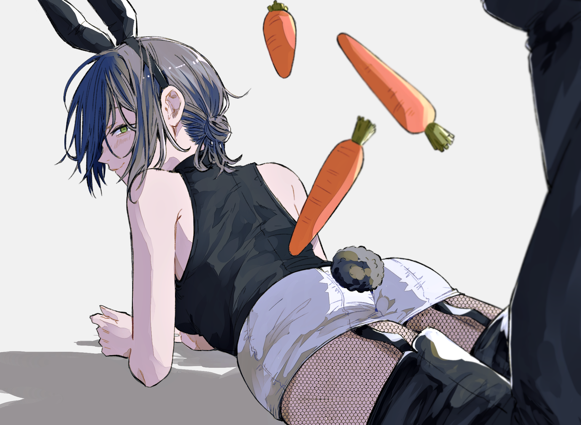 reze (chainsaw man), chainsaw man, highres, 1girl, animal ear hairband, animal ears, ariariarinao526, ass, black boots, black hair, black hairband, black shirt, boots, carrot, closed mouth, fake animal ears, fishnet pantyhose, fishnets, green eyes, hair bun, hairband, lying, on stomach, pantyhose, playboy bunny, rabbit ears, rabbit tail, shirt, shorts, sleeveless, sleeveless shirt, smile, solo, tail, thigh boots, white shorts