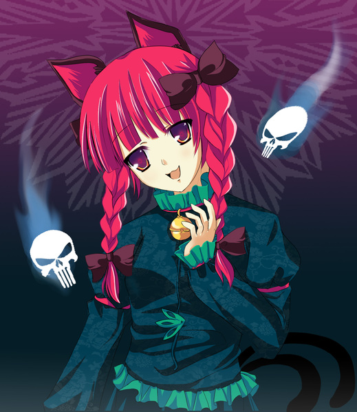 echoayane, kaenbyou rin, touhou, 1girl, animal ears, braid, cat ears, cat girl, cat tail, female focus, long hair, red hair, skull, solo, standing, tail, twin braids, twintails