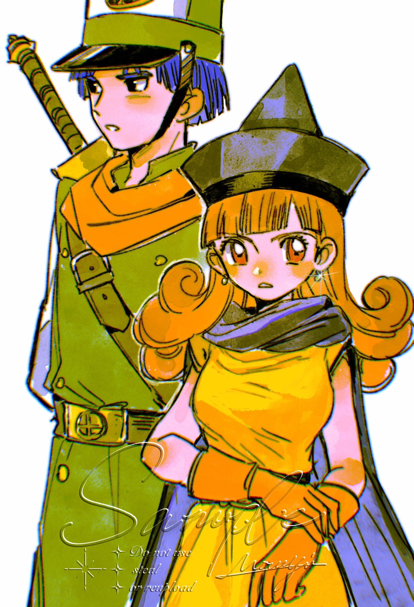 mouyi, alena (dq4), clift, dragon quest, dragon quest iv, highres, 1boy, 1girl, adjusting clothes, adjusting gloves, black hat, blue cloak, blue hair, blunt bangs, blush, breasts, brown eyes, brown hair, cloak, coat, cowboy shot, curly hair, dress, earrings, gloves, green coat, green hat, hat, jewelry, medium breasts, mitre, orange gloves, orange scarf, parted bangs, parted lips, scarf, sword, sword on back, weapon, weapon on back, white background, yellow dress