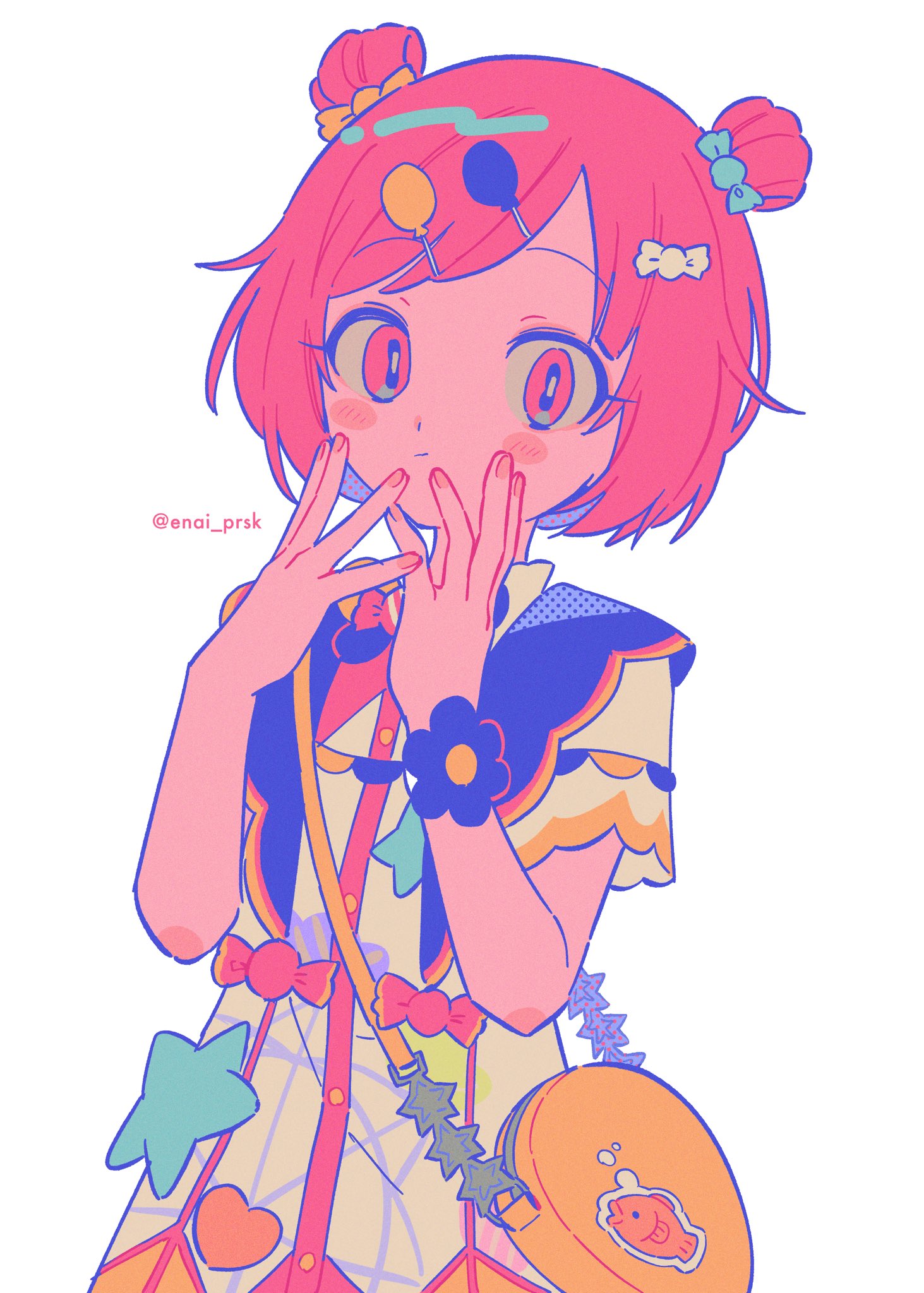 menma (enaic31), ootori emu, project sekai, commentary, highres, symbol-only commentary, 1girl, bag, balloon hair ornament, blue flower, blush, candy hair ornament, closed mouth, double bun, dress, film grain, fingernails, flower, food-themed hair ornament, hair bun, hair ornament, halftone, hands on own cheeks, hands on own face, hands up, heart, looking at viewer, orange bag, pink eyes, pink hair, short hair, short sleeves, shoulder bag, simple background, solo, star (symbol), swept bangs, twitter username, upper body, white background, white dress