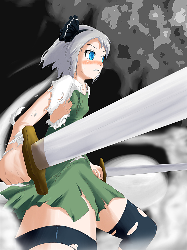 sangatsu yuki, konpaku youmu, konpaku youmu (ghost), touhou, silver hair, 1girl, blue eyes, dual wielding, female focus, ghost, hitodama, holding, katana, ribbon, short hair, solo, sword, tanto, thighhighs, torn clothes, torn thighhighs, weapon