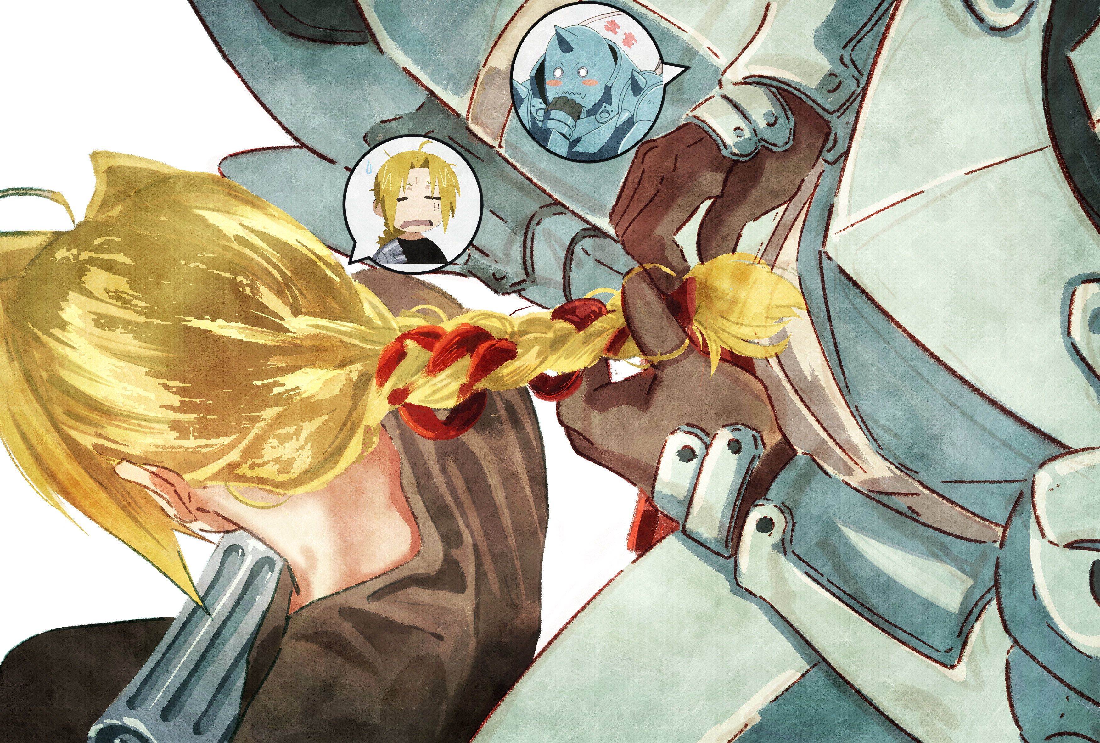 youritai, edward elric, fullmetal alchemist, absurdres, highres, 2boys, ahoge, armor, armored boots, armored gloves, art nouveau, black pants, black shirt, blonde hair, blush stickers, boots, braiding another's hair, brothers, brown gloves, from above, full armor, gloves, hand to own mouth, helm, helmet, long hair, male focus, mechanical arms, multiple boys, pants, parted bangs, plate armor, plume, shirt, shoulder spikes, siblings, single mechanical arm, spikes, spoken character, sweatdrop, upper body, white background