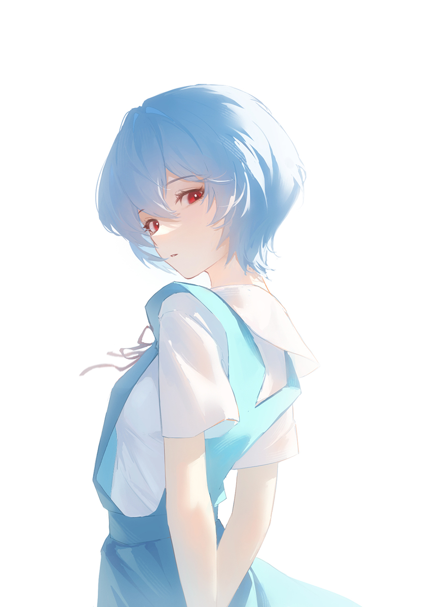 fio (kpsmile), ayanami rei, neon genesis evangelion, highres, 1girl, arms behind back, blue hair, blue overalls, blue shirt, bow, breasts, collared shirt, glowing, looking at viewer, open mouth, overalls, red bow, red eyes, shirt, short hair, small breasts, white background