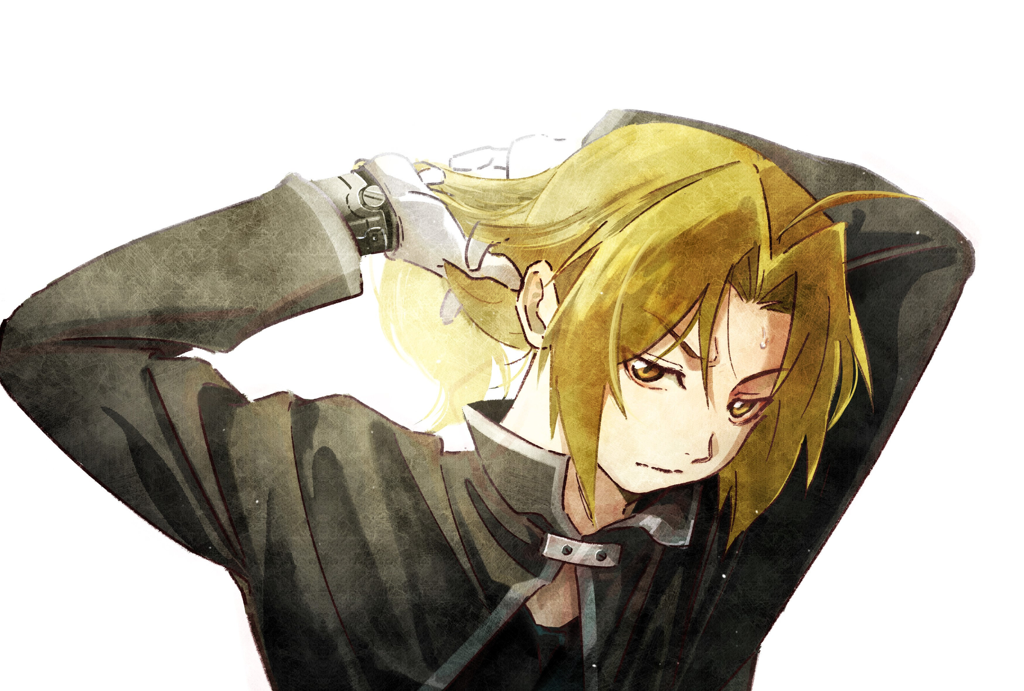 youritai, edward elric, fullmetal alchemist, absurdres, highres, 1boy, ahoge, black jacket, black shirt, blonde hair, brown eyes, closed mouth, furrowed brow, gloves, hands in own hair, jacket, long hair, long sleeves, male focus, mechanical arms, parted bangs, shirt, single mechanical arm, solo, sweatdrop, upper body, white background, white gloves