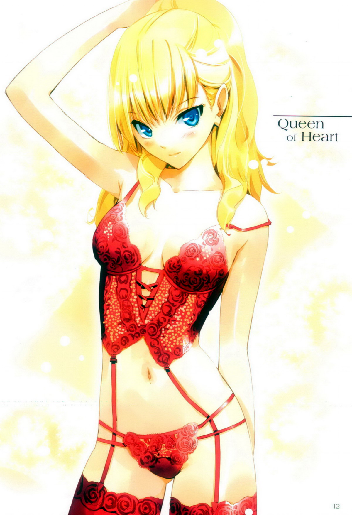 ueda ryou, queen of hearts (alice in wonderland), alice's adventures in wonderland, highres, 1girl, blonde hair, blue eyes, breasts, corset, female focus, female pubic hair, lingerie, panties, pubic hair, red panties, red thighhighs, solo, thighhighs, underwear