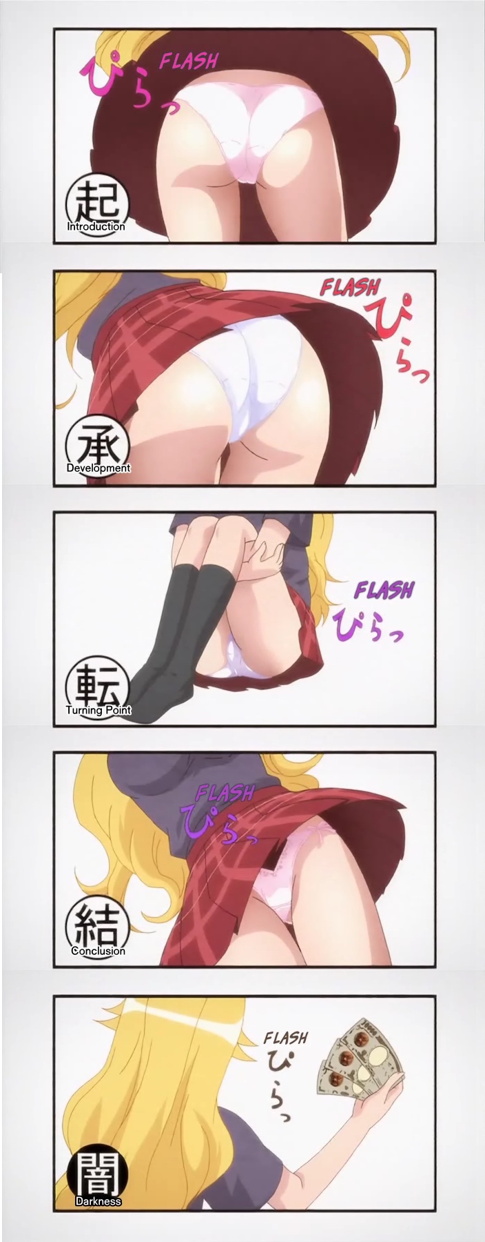 kimura kaere, maedax, sayonara zetsubou sensei, anime screenshot, highres, 00s, 1girl, 5koma, ass, comic, panties, side-tie panties, skirt, underwear, upskirt, white panties