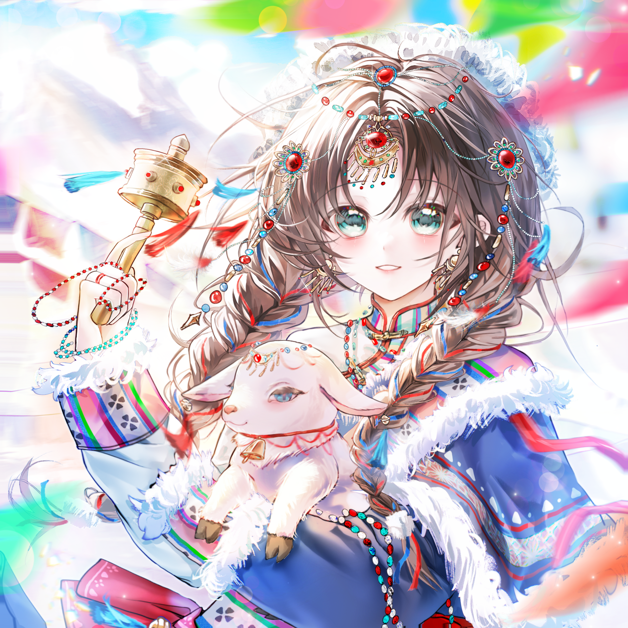 kengdeji, original, absurdres, highres, large variant set, variant set, 1girl, animal, bell, blurry, blurry background, blush, braid, brown hair, depth of field, earrings, fur trim, hair ornament, holding, holding animal, jewelry, long hair, long sleeves, looking at viewer, multicolored hair, parted lips, smile, solo, tassel, twin braids, upper body