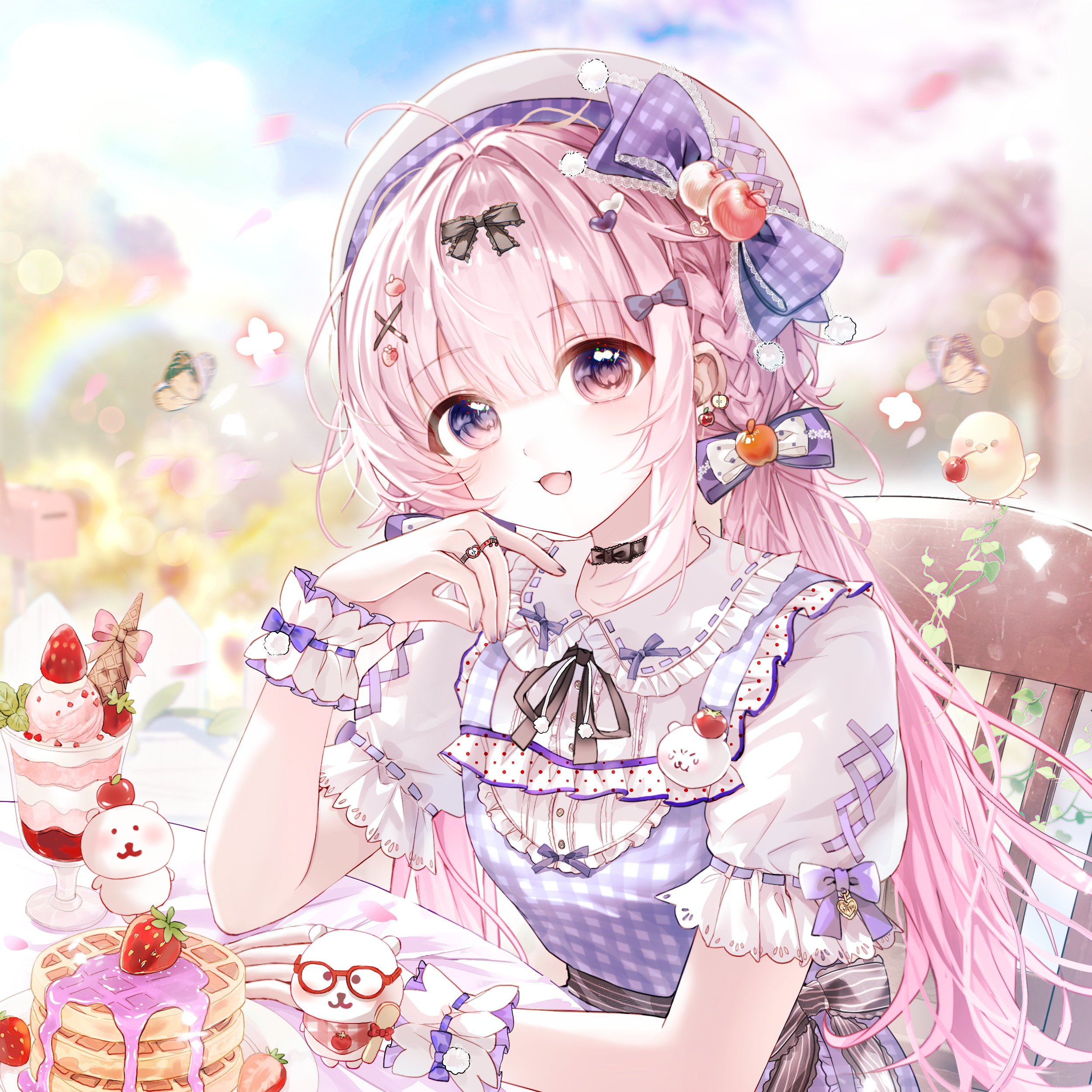kengdeji, original, absurdres, highres, large variant set, variant set, 1girl, :d, beret, black bow, blurry, blurry background, blush, bow, braid, bug, butterfly, cake, chair, cherry, choker, cup, day, depth of field, dress, food, frills, fruit, glasses, hair between eyes, hair bow, hair ornament, hat, heart, insect, jewelry, long hair, looking at viewer, open mouth, outdoors, pink hair, plaid clothes, plaid dress, puffy short sleeves, puffy sleeves, purple bow, purple dress, purple eyes, rainbow, ring, shirt, short sleeves, sitting, smile, solo, strawberry, table, twintails, very long hair, white shirt, wrist cuffs