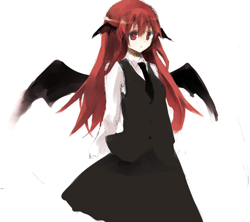 amamizu (pixiv), usui (tripcube), koakuma, embodiment of scarlet devil, touhou, bad id, bad pixiv id, 1girl, female focus, head wings, long hair, red hair, solo, wings