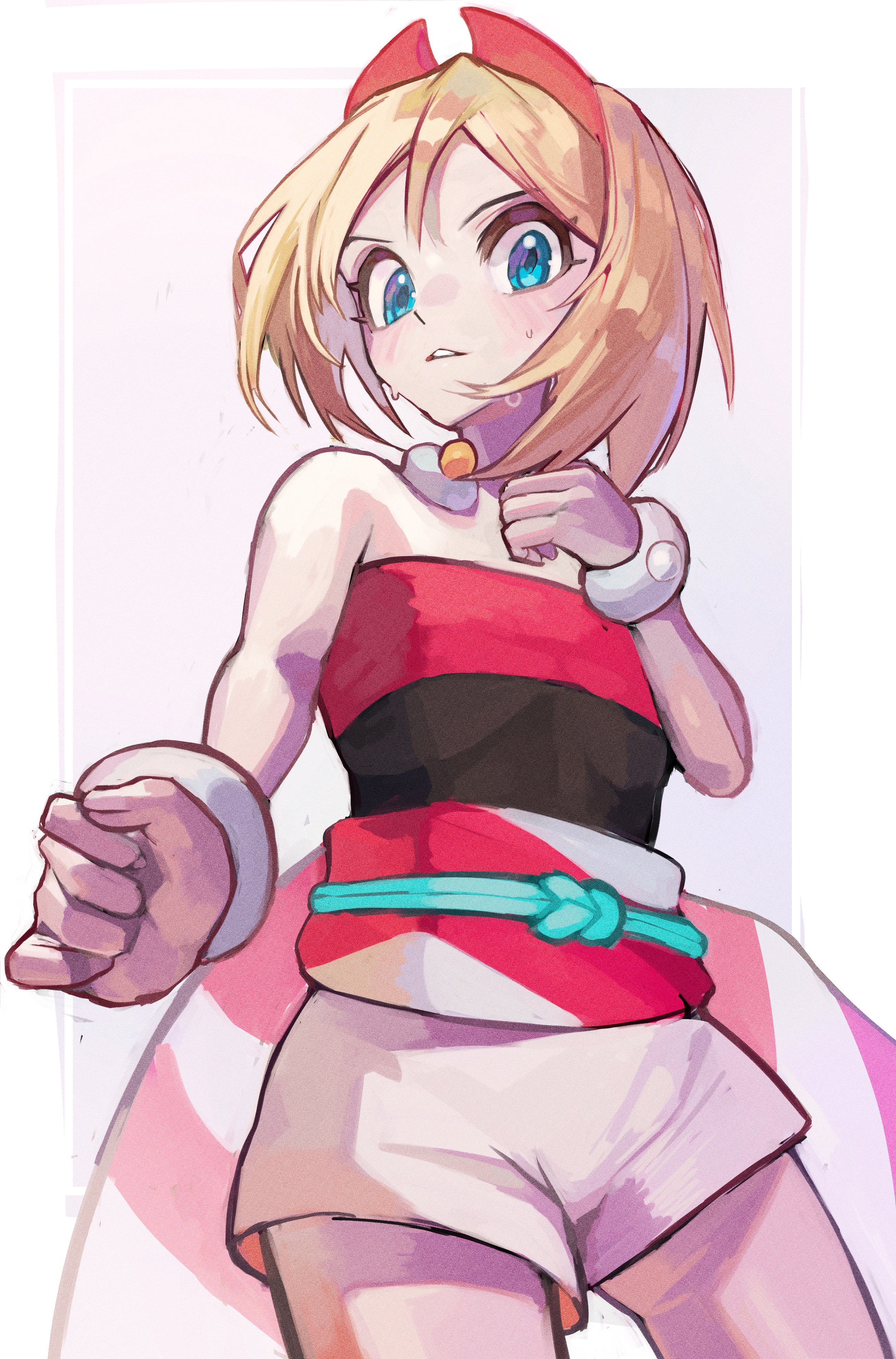 rasoso (wyzx4524), irida (pokemon), nintendo, pokemon, pokemon legends: arceus, absurdres, highres, 1girl, bare shoulders, blonde hair, blue eyes, blush, bracelet, breasts, cowboy shot, eyelashes, hair between eyes, hairband, jewelry, looking at viewer, neck ring, parted lips, red hairband, red shirt, sash, shirt, short hair, shorts, simple background, solo, strapless, strapless shirt, sweat, waist cape, white shorts
