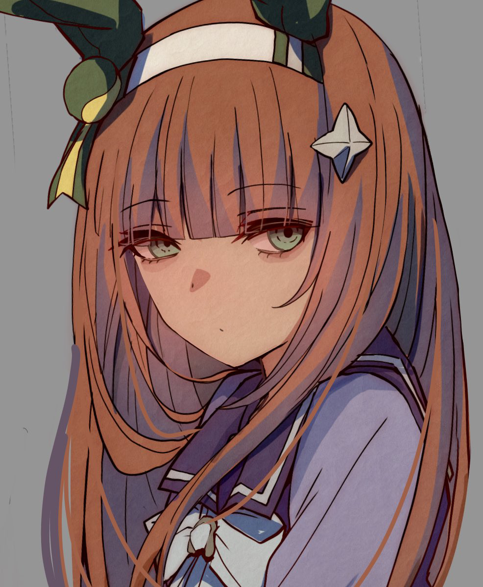 kawamochi (tddm3573), silence suzuka (umamusume), umamusume, 1girl, animal ears, bow, brown hair, closed mouth, green eyes, grey background, hairband, horse ears, long hair, looking at viewer, purple shirt, school uniform, shirt, simple background, solo, tracen school uniform, upper body, white bow, white hairband