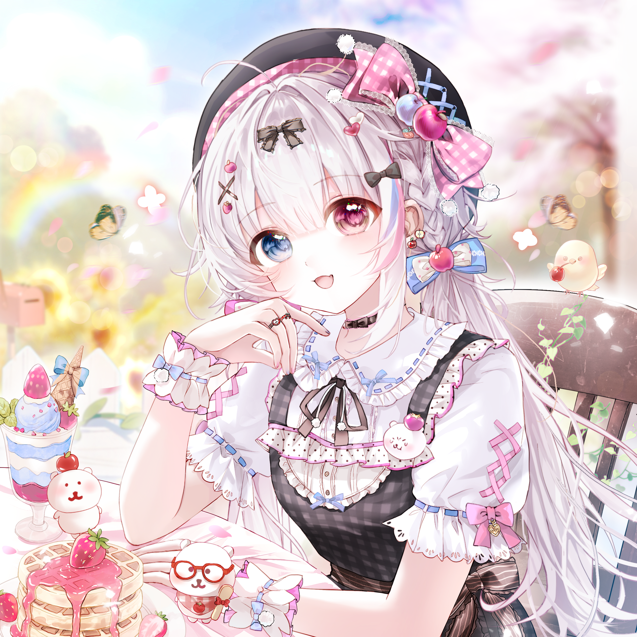 kengdeji, original, absurdres, highres, large variant set, variant set, 1girl, :d, ahoge, beret, black bow, black dress, blue eyes, blurry, blurry background, blush, bow, braid, bug, butterfly, cake, chair, choker, cup, day, depth of field, dress, earrings, food, frills, fruit, glasses, grey hair, hair bow, hair ornament, hairclip, hat, heart, heterochromia, insect, jewelry, long hair, looking at viewer, multicolored hair, nail polish, open mouth, outdoors, pink eyes, pink hair, plaid bow, puffy sleeves, rainbow, red eyes, ring, shirt, short sleeves, sitting, smile, solo, strawberry, streaked hair, table, very long hair, white hair, white shirt