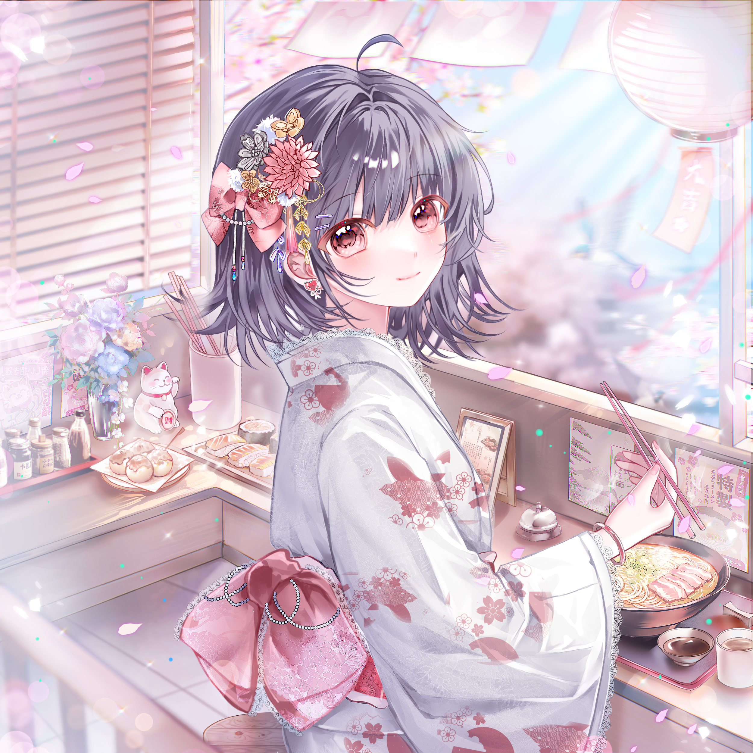 kengdeji, original, absurdres, highres, large variant set, variant set, 1girl, ahoge, black hair, blush, bow, bowl, chopsticks, closed mouth, earrings, floral print, flower, food, from side, hair flower, hair ornament, holding, holding chopsticks, indoors, japanese clothes, jewelry, kimono, lantern, long sleeves, looking at viewer, looking to the side, noodles, petals, red eyes, short hair, smile, solo, white kimono, window