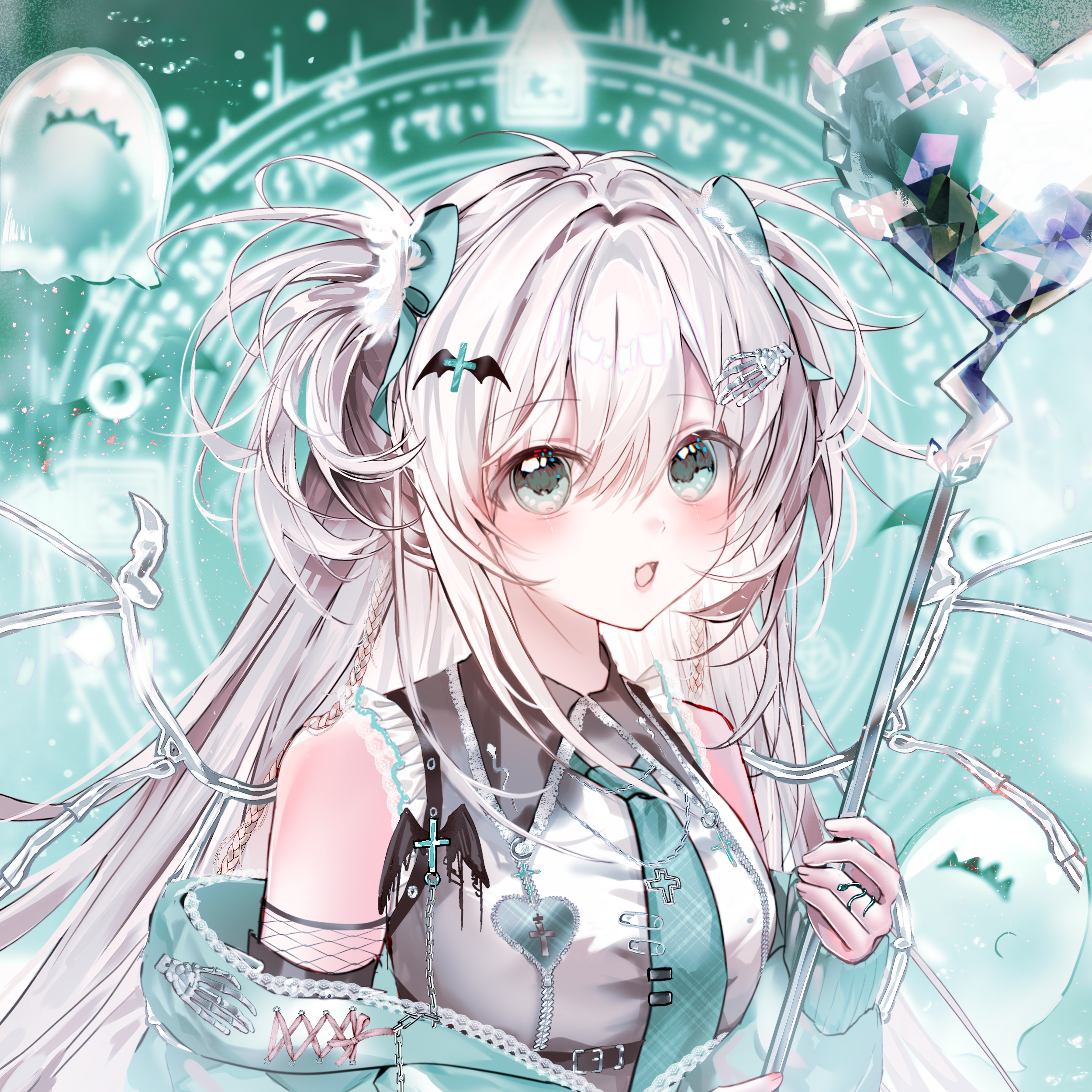 kengdeji, original, absurdres, highres, large variant set, variant set, 1girl, aqua necktie, blush, bow, breasts, collared shirt, fang, green eyes, hair between eyes, hair bow, hair ornament, holding, holding staff, jacket, long hair, looking at viewer, necktie, open mouth, shirt, sleeveless, sleeveless shirt, solo, staff, upper body, white hair, wings