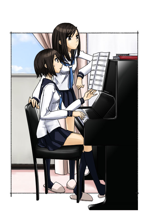 sakebuotoko, bad id, bad pixiv id, 2girls, brown hair, cloud, female focus, indoors, instrument, long hair, multiple girls, necktie, piano, school uniform, serafuku, sheet music, short hair, sitting, skirt, sky, slippers, socks, standing, upright piano