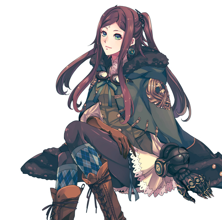 fu yukari, four (drag-on dragoon), drag-on dragoon, drag-on dragoon 3, commentary request, 1girl, argyle clothes, argyle socks, arm out of sleeve, black pantyhose, boots, brown boots, brown gloves, brown hair, buttons, closed mouth, coat, double-breasted, earrings, facial mark, feet out of frame, forehead mark, fur-trimmed coat, fur-trimmed hood, fur trim, gloves, goggles, goggles around neck, green coat, green eyes, green shirt, green socks, hair ornament, hand on own thigh, hood, hood down, invisible chair, jewelry, kneehighs, lace, lace-trimmed skirt, lace-up boots, lace trim, long hair, long sidelocks, long sleeves, mechanical hands, open clothes, open coat, pantyhose, parted bangs, roman numeral, shirt, sidelocks, simple background, single mechanical hand, sitting, skirt, socks, solo, toggles, twintails, white background, yellow skirt