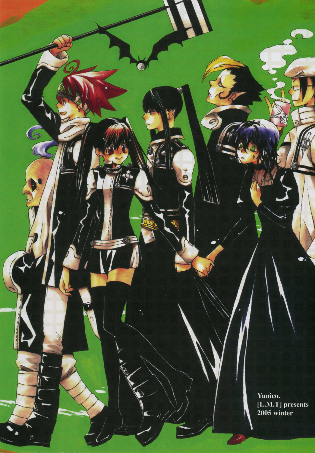 arystar krory, bookman, kanda yuu, komui lee, lavi, lenalee lee, miranda lotto, d.gray-man, highres, 00s, 2girls, 5boys, multiple boys, multiple girls, sword, weapon