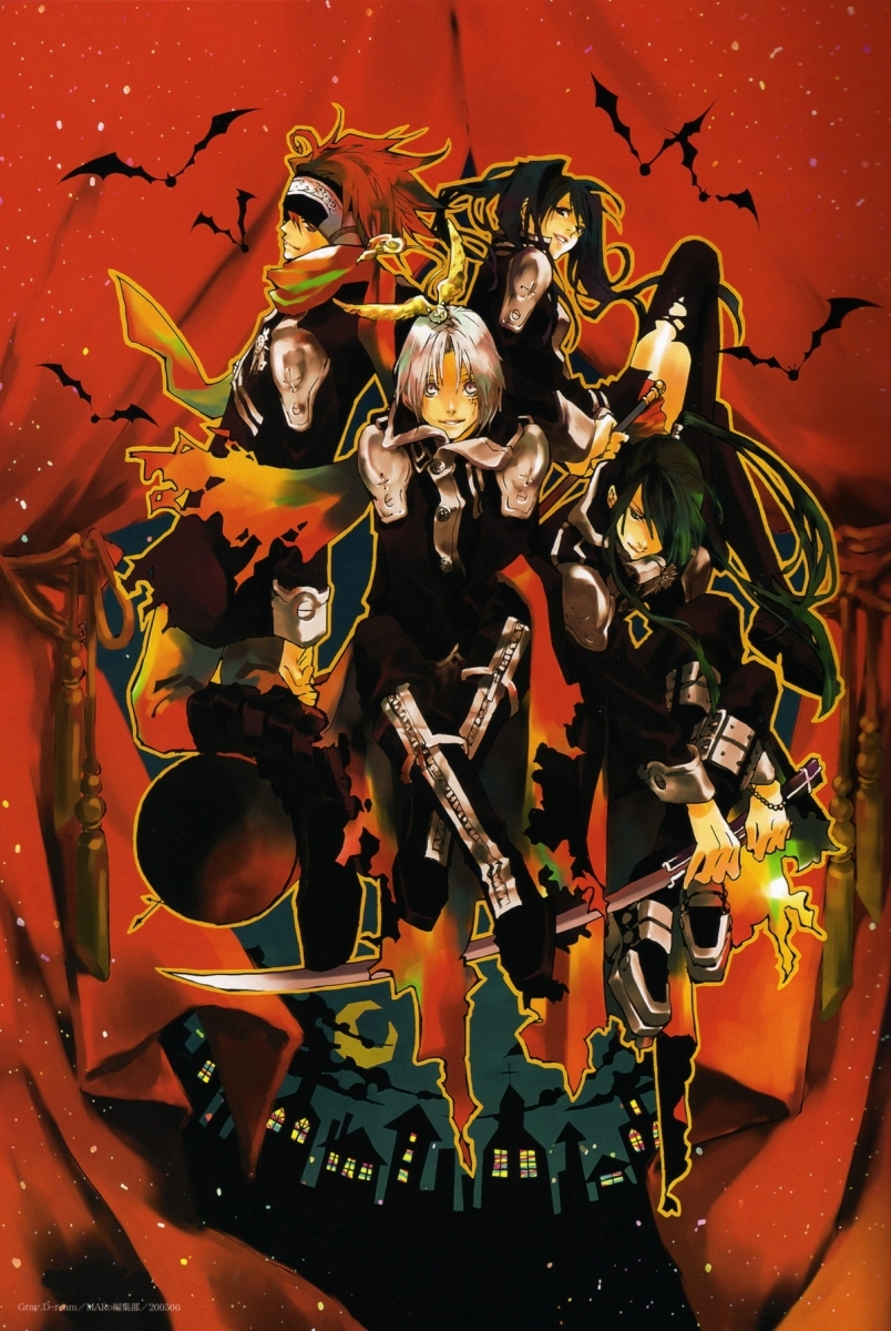 allen walker, kanda yuu, lavi, lenalee lee, timcanpy, d.gray-man, highres, 00s, 1girl, 3boys, black hair, boots, bracelet, city, eyepatch, grey eyes, hammer, headband, jewelry, long hair, moon, multiple boys, night, red hair, scarf, sword, thighhighs, twintails, weapon, white hair